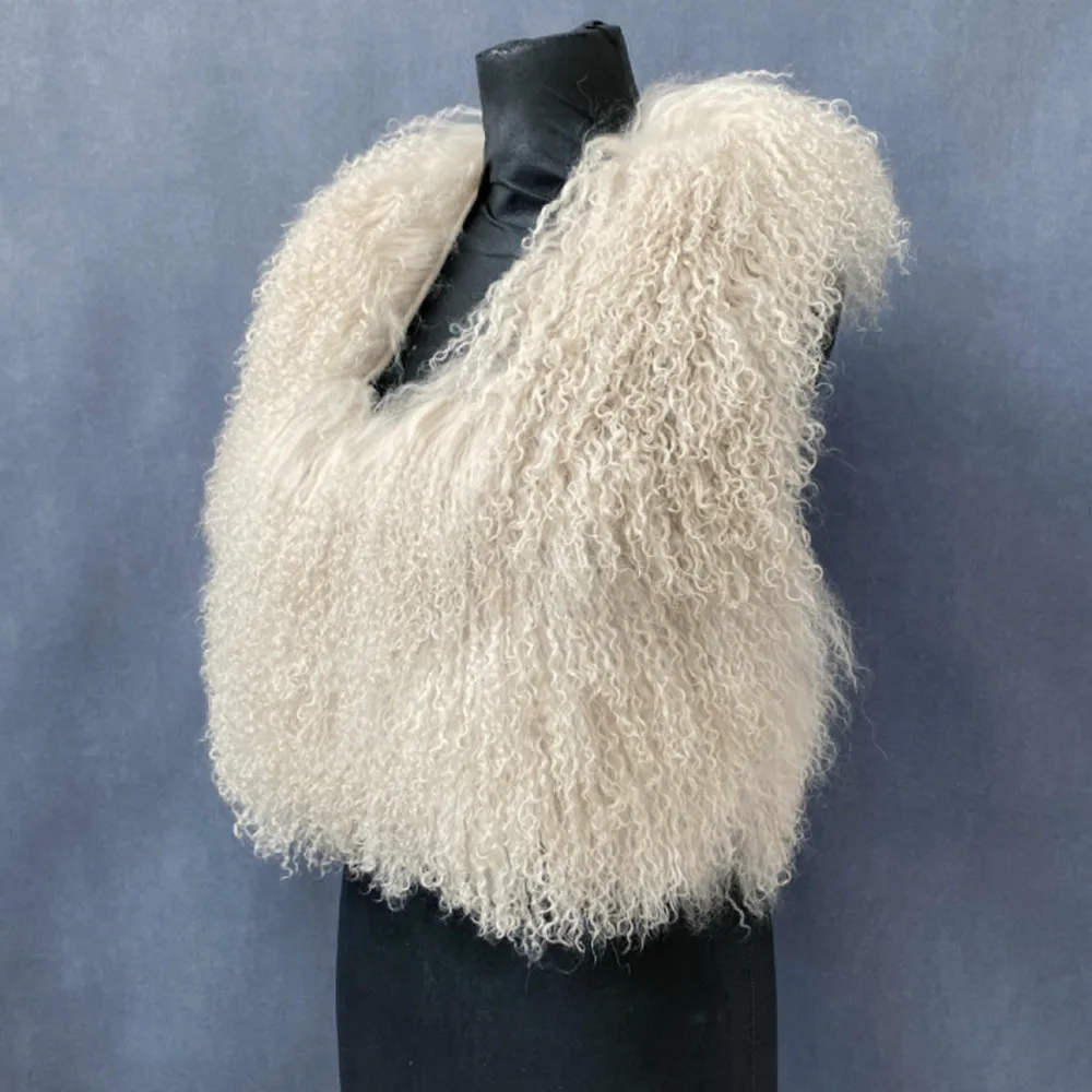 Women's Real Mongolian Sheepskin Backless Bandage Halter Crop Vest Warm Fashion Streetwear 2025 Style Sheep Fur Outerwear