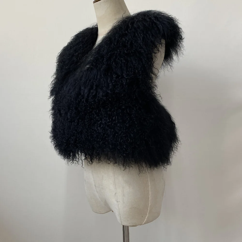 Women's Real Mongolian Sheepskin Backless Bandage Halter Crop Vest Warm Fashion Streetwear 2025 Style Sheep Fur Outerwear