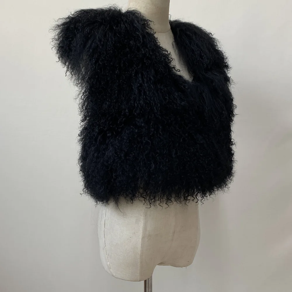 Women's Real Mongolian Sheepskin Backless Bandage Halter Crop Vest Warm Fashion Streetwear 2025 Style Sheep Fur Outerwear