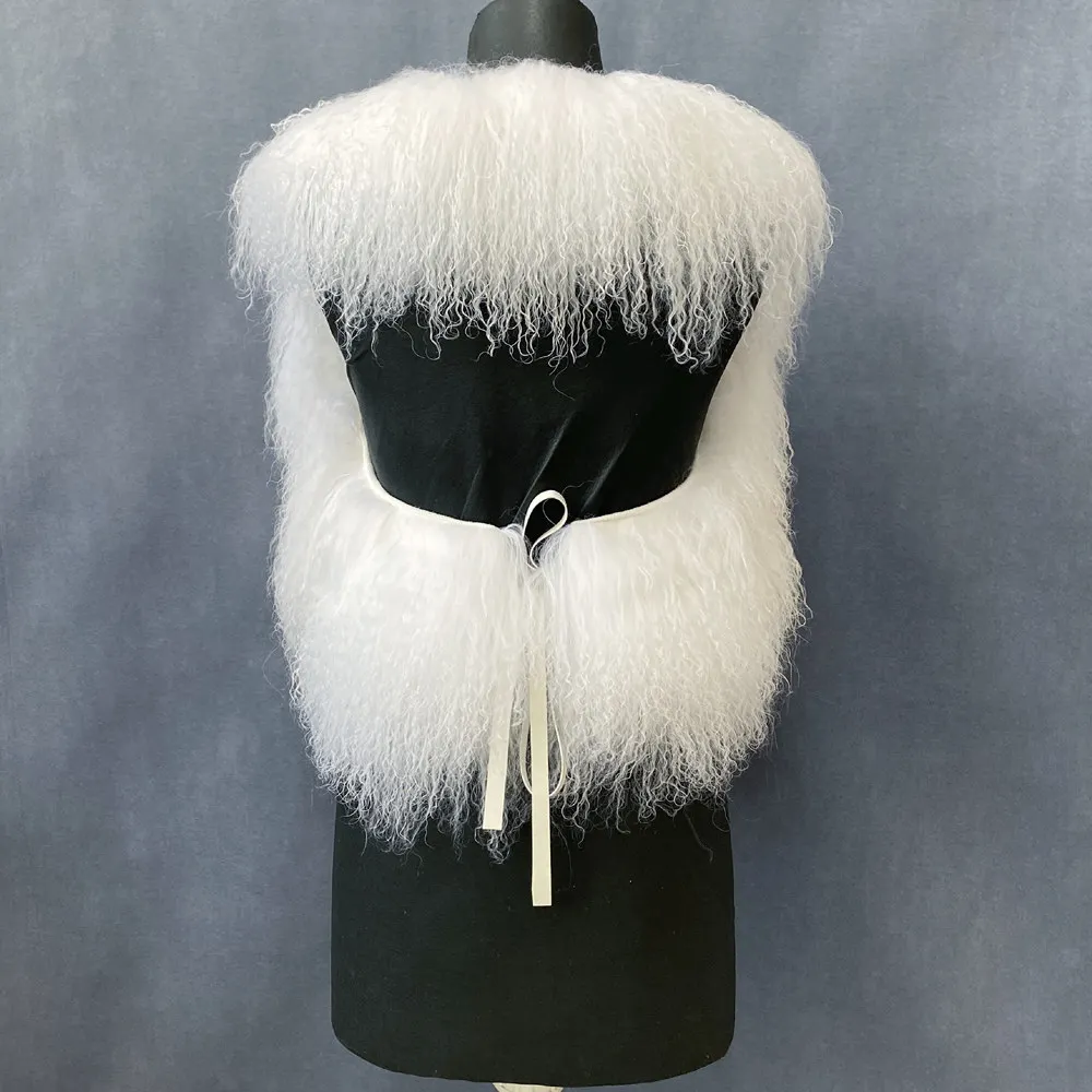 Women's Real Mongolian Sheepskin Backless Bandage Halter Crop Vest Warm Fashion Streetwear 2025 Style Sheep Fur Outerwear