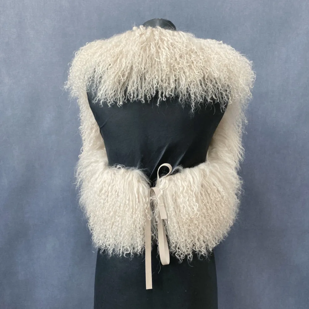 Women's Real Mongolian Sheepskin Backless Bandage Halter Crop Vest Warm Fashion Streetwear 2025 Style Sheep Fur Outerwear