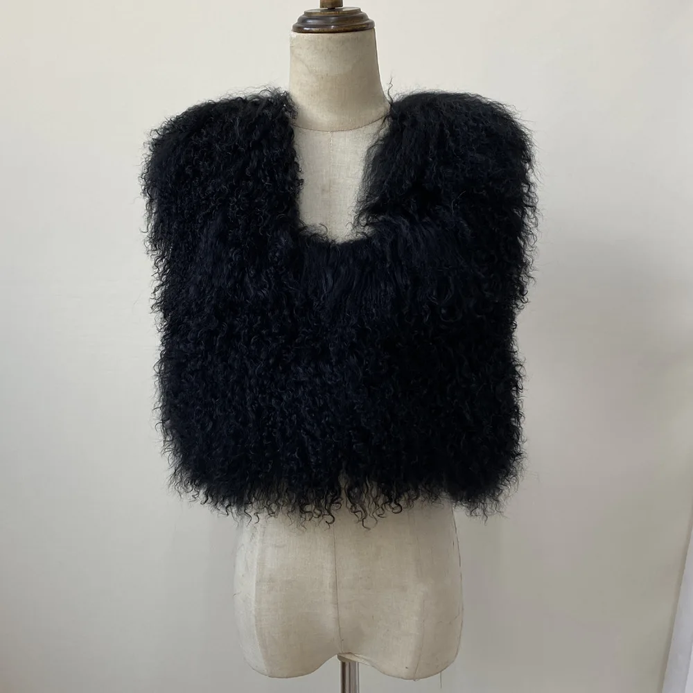 Women's Real Mongolian Sheepskin Backless Bandage Halter Crop Vest Warm Fashion Streetwear 2025 Style Sheep Fur Outerwear