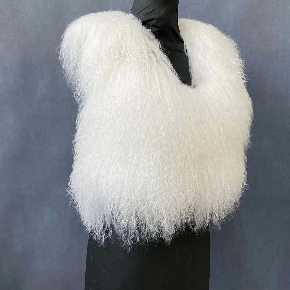 Women's Real Mongolian Sheepskin Backless Bandage Halter Crop Vest Warm Fashion Streetwear 2025 Style Sheep Fur Outerwear