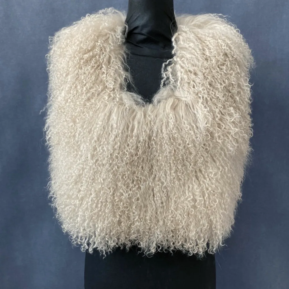 Women's Real Mongolian Sheepskin Backless Bandage Halter Crop Vest Warm Fashion Streetwear 2025 Style Sheep Fur Outerwear