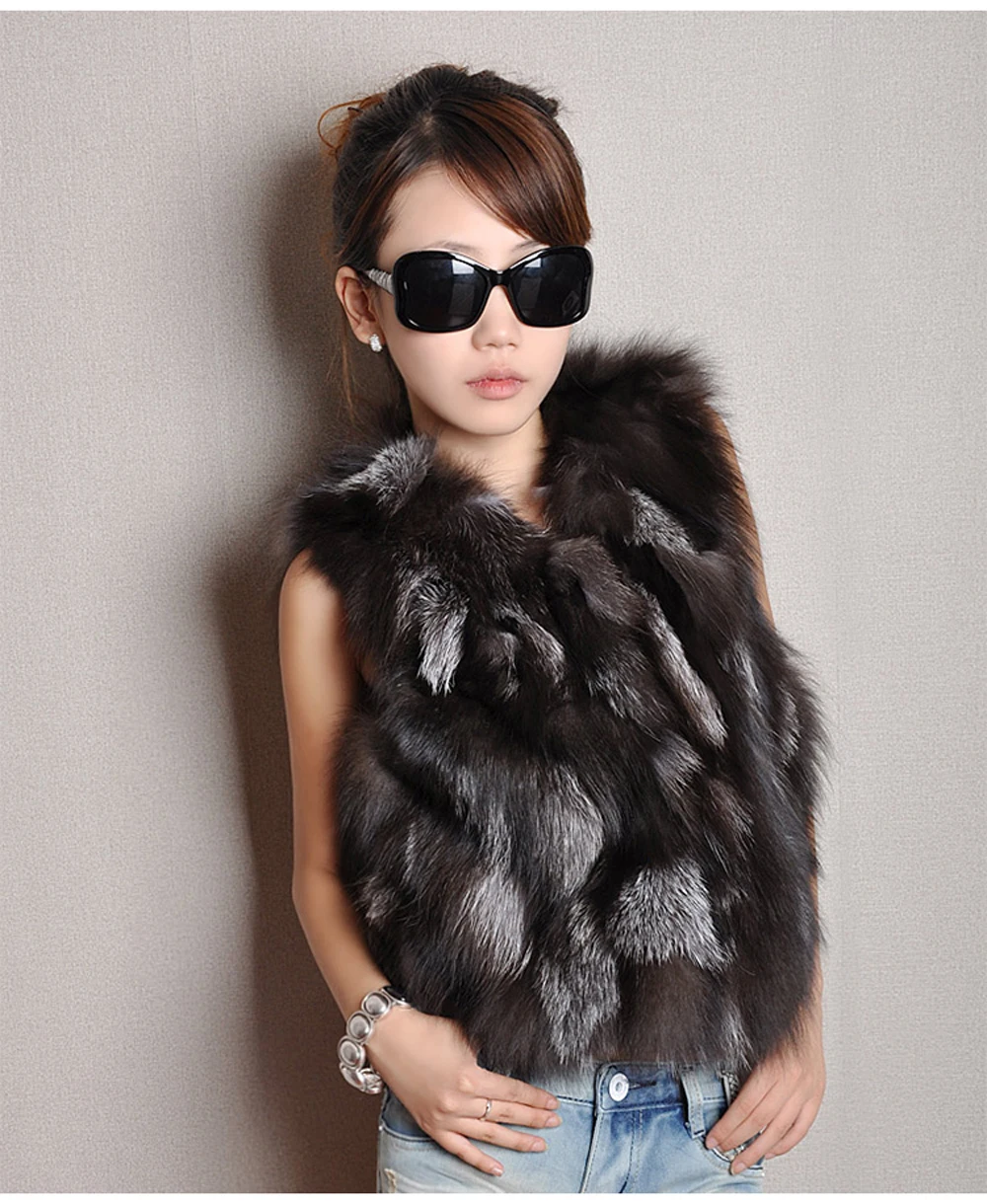 Winter Women Real Sliver Fox Fur Vest Short Style Warm 100% Natural Real Sliver Fox Fur Gilet Sliver Fox Fur Sleeveless Jacket
