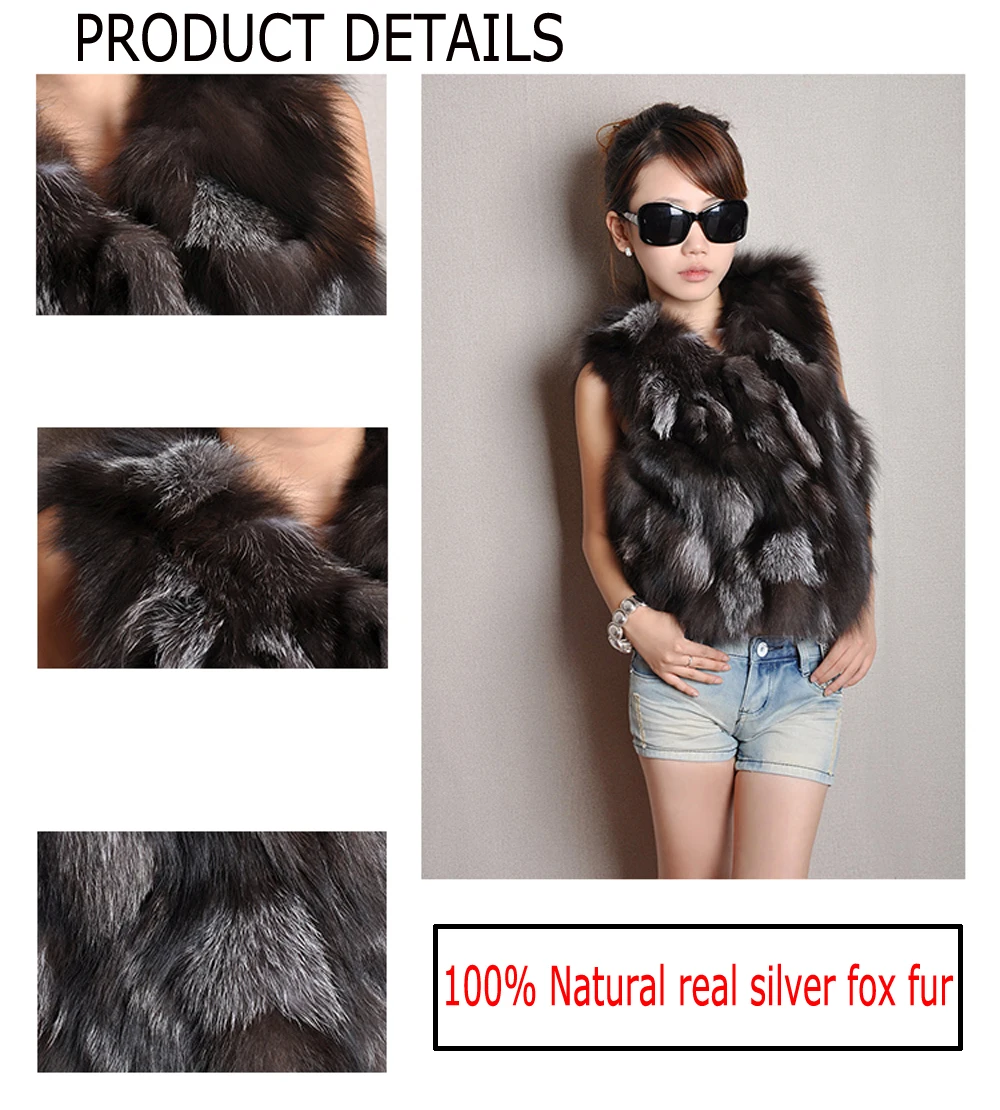 Winter Women Real Sliver Fox Fur Vest Short Style Warm 100% Natural Real Sliver Fox Fur Gilet Sliver Fox Fur Sleeveless Jacket