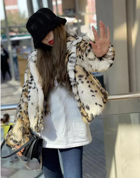 Luxury Real natural genuine rabbit fur coat women's warm fashion short style leopard jacket for winter ustom any size