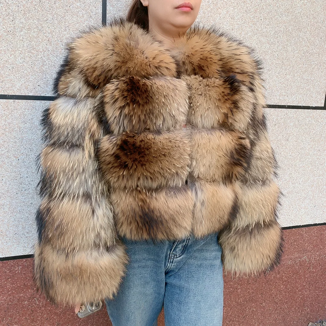 New Women's Raccoon Fur Coat Luxury Multiple Short and Hooded Natural Raccoon Fur Women's Jacket Winter