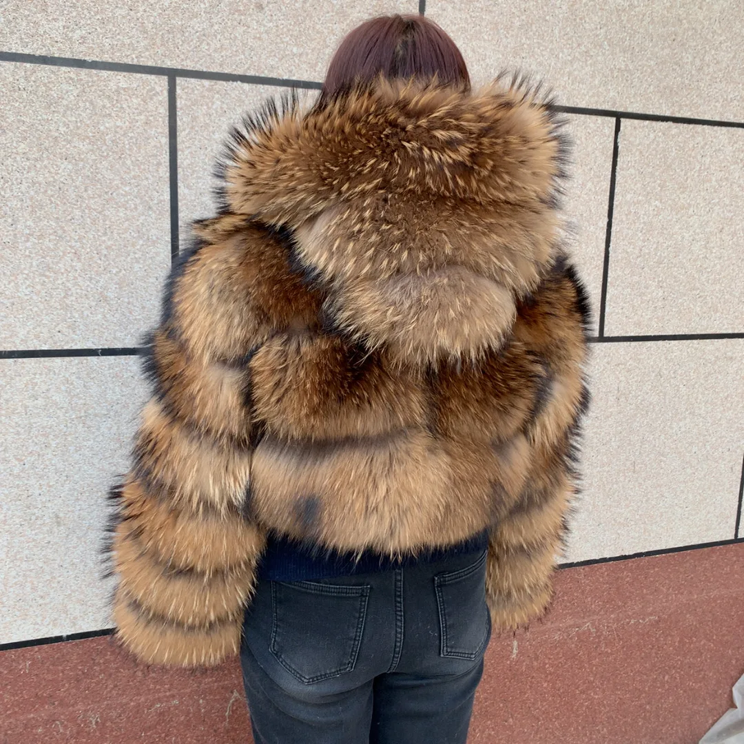 New Women's Raccoon Fur Coat Luxury Multiple Short and Hooded Natural Raccoon Fur Women's Jacket Winter
