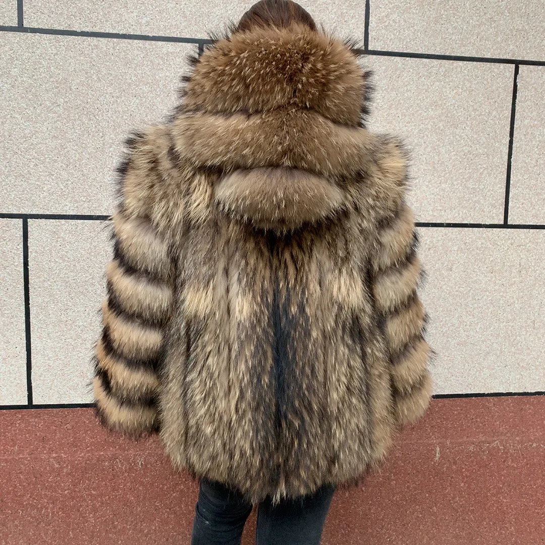 New Women's Raccoon Fur Coat Luxury Multiple Short and Hooded Natural Raccoon Fur Women's Jacket Winter