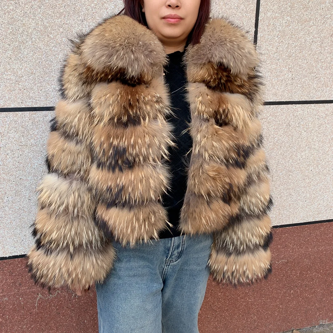 New Women's Raccoon Fur Coat Luxury Multiple Short and Hooded Natural Raccoon Fur Women's Jacket Winter