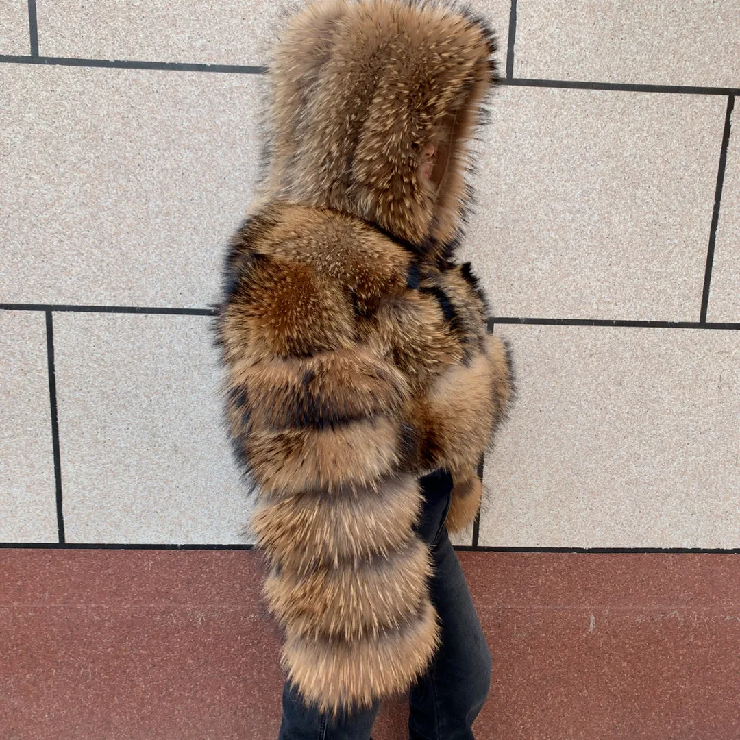New Women's Raccoon Fur Coat Luxury Multiple Short and Hooded Natural Raccoon Fur Women's Jacket Winter