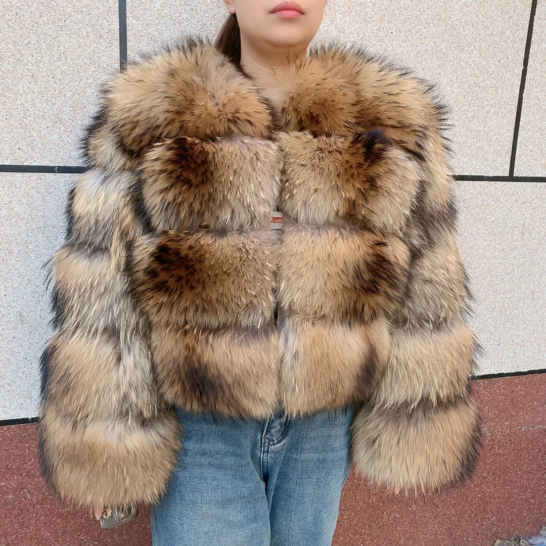 New Women's Raccoon Fur Coat Luxury Multiple Short and Hooded Natural Raccoon Fur Women's Jacket Winter