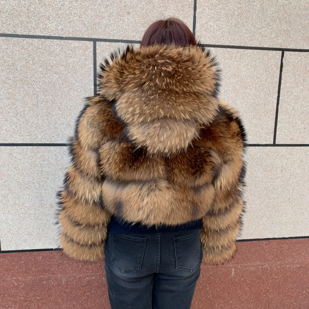 New Women's Raccoon Fur Coat Luxury Multiple Short and Hooded Natural Raccoon Fur Women's Jacket Winter