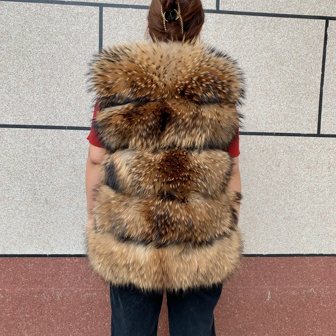 New Women's Raccoon Fur Coat Luxury Multiple Short and Hooded Natural Raccoon Fur Women's Jacket Winter