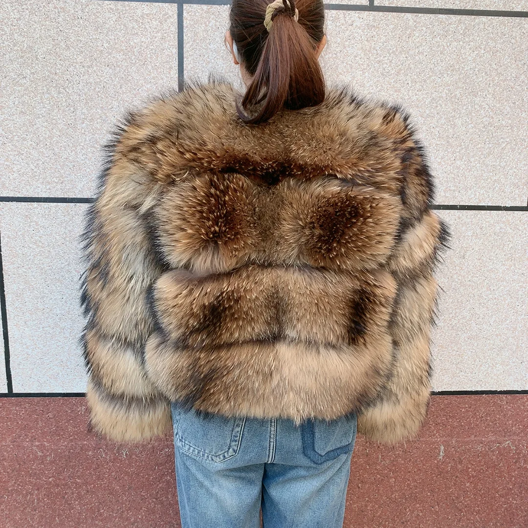 New Women's Raccoon Fur Coat Luxury Multiple Short and Hooded Natural Raccoon Fur Women's Jacket Winter