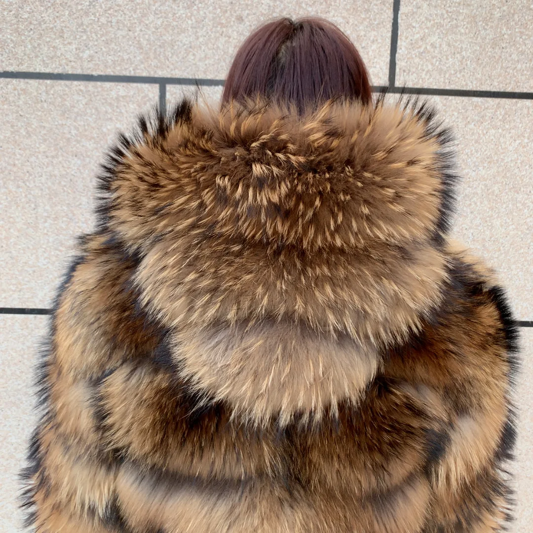 New Women's Raccoon Fur Coat Luxury Multiple Short and Hooded Natural Raccoon Fur Women's Jacket Winter