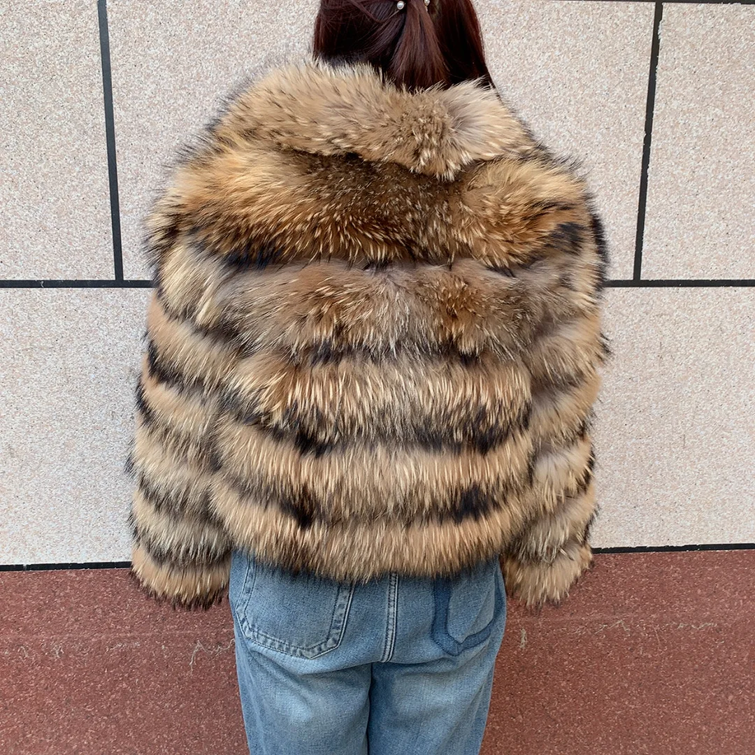 New Women's Raccoon Fur Coat Luxury Multiple Short and Hooded Natural Raccoon Fur Women's Jacket Winter