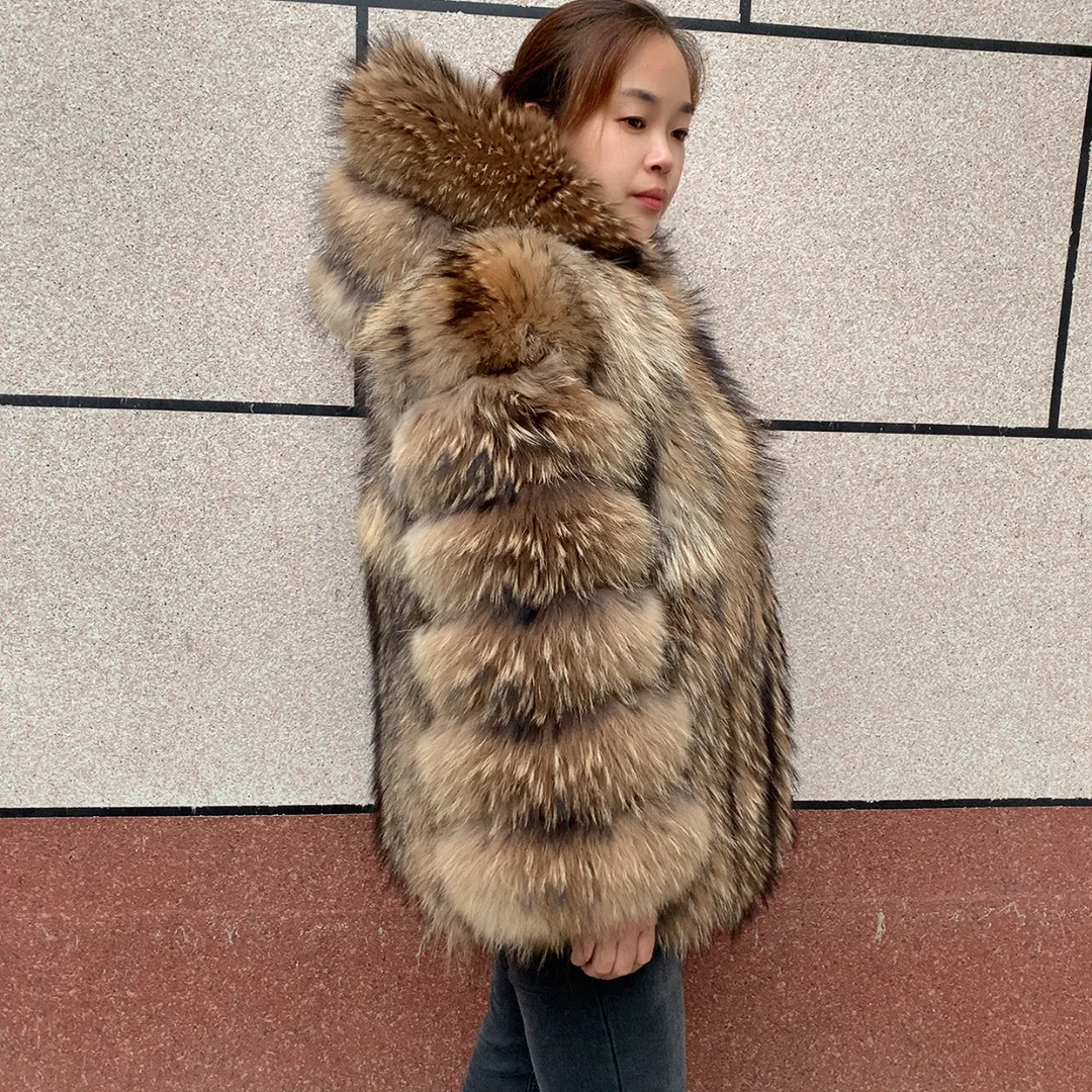 New Women's Raccoon Fur Coat Luxury Multiple Short and Hooded Natural Raccoon Fur Women's Jacket Winter