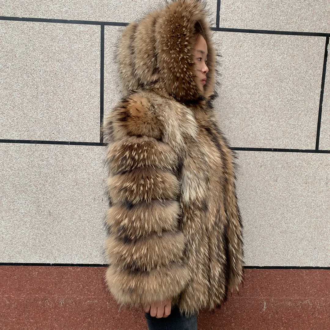 New Women's Raccoon Fur Coat Luxury Multiple Short and Hooded Natural Raccoon Fur Women's Jacket Winter