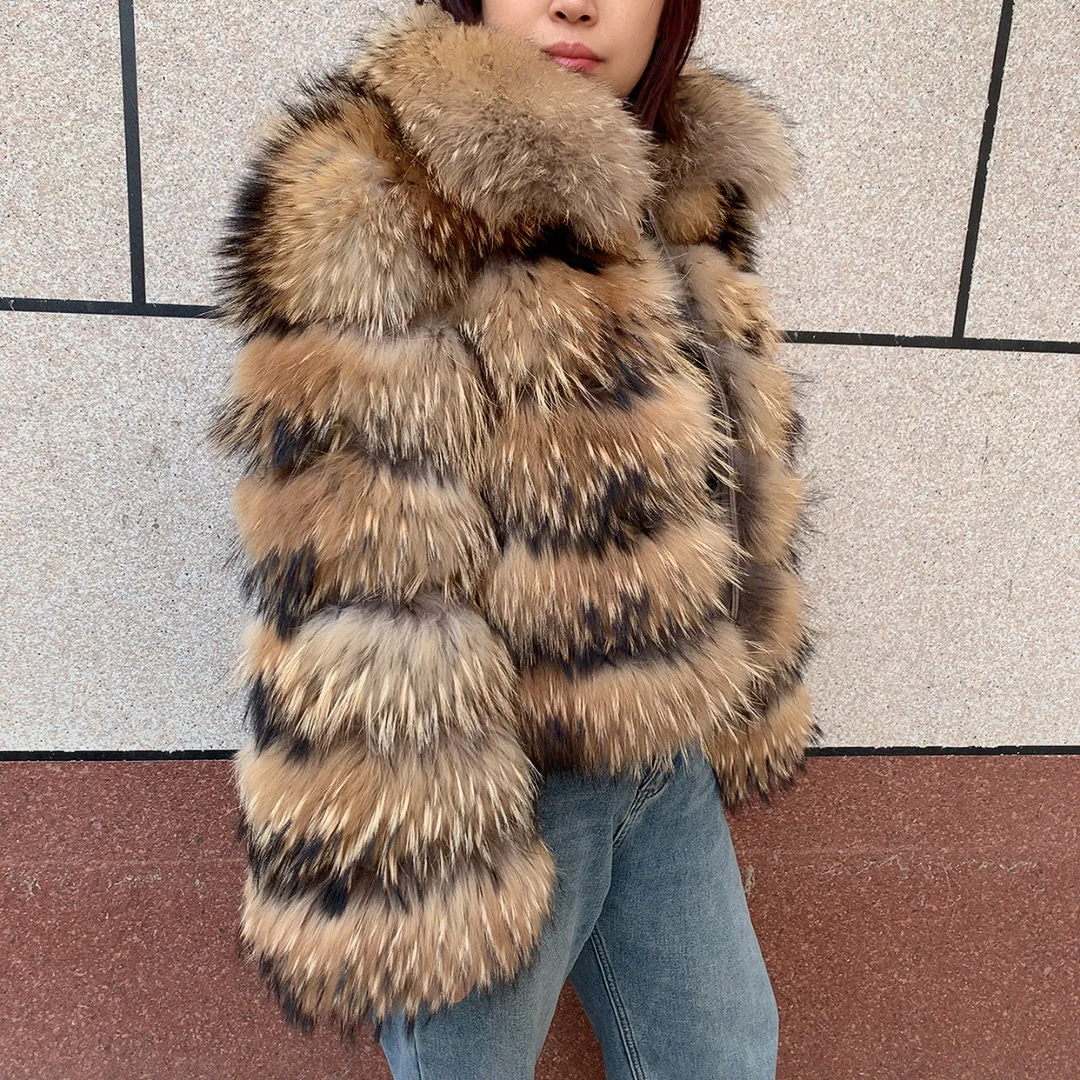 New Women's Raccoon Fur Coat Luxury Multiple Short and Hooded Natural Raccoon Fur Women's Jacket Winter