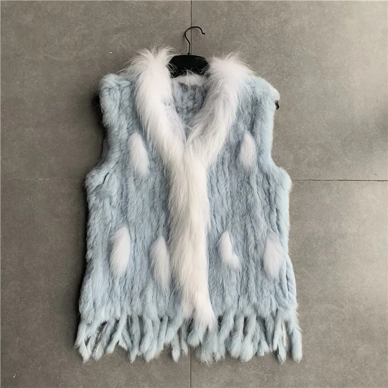 VR001 Womens Natural Real Rabbit Fur Vest With Raccoon Fur Collar Waistcoat/jackets Rex Rabbit Knitted Winter