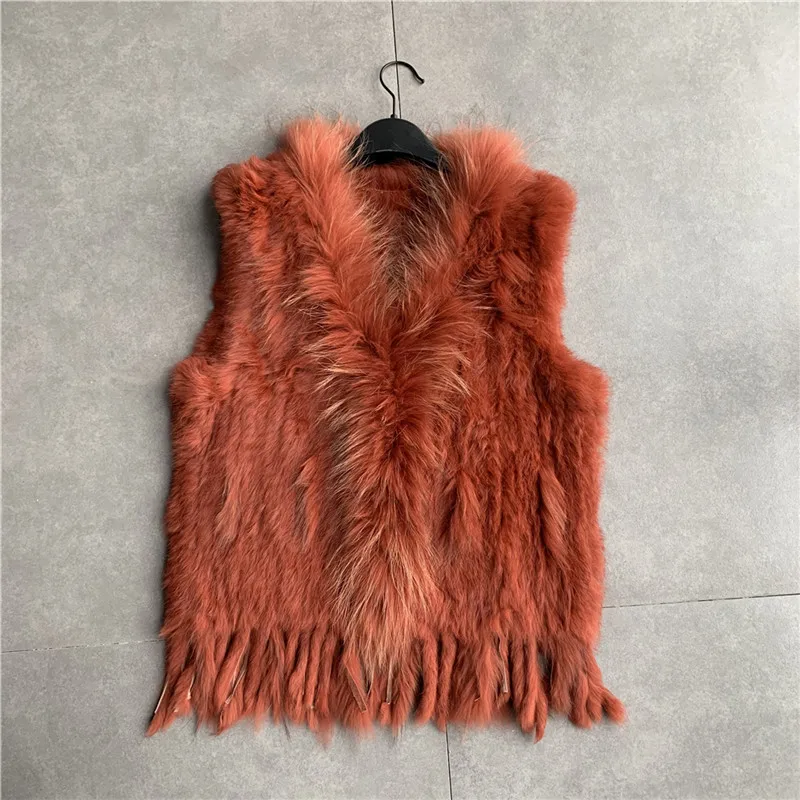 VR001 Womens Natural Real Rabbit Fur Vest With Raccoon Fur Collar Waistcoat/jackets Rex Rabbit Knitted Winter