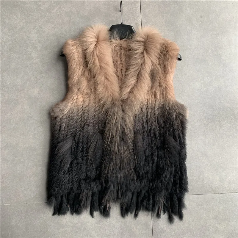 VR001 Womens Natural Real Rabbit Fur Vest With Raccoon Fur Collar Waistcoat/jackets Rex Rabbit Knitted Winter