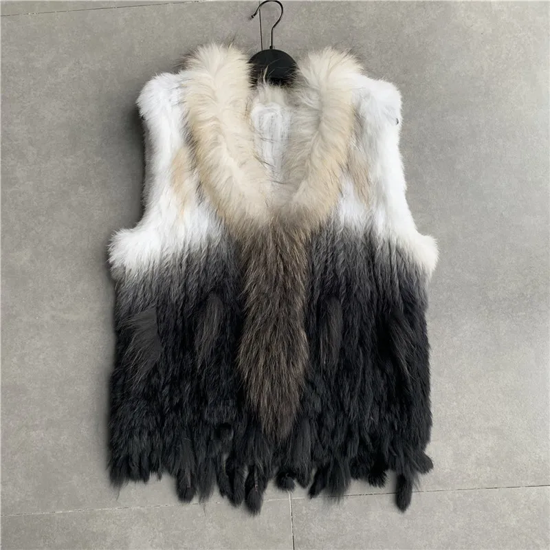 VR001 Womens Natural Real Rabbit Fur Vest With Raccoon Fur Collar Waistcoat/jackets Rex Rabbit Knitted Winter