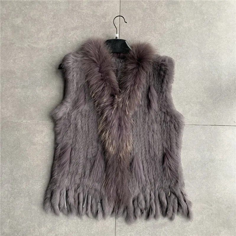 VR001 Womens Natural Real Rabbit Fur Vest With Raccoon Fur Collar Waistcoat/jackets Rex Rabbit Knitted Winter
