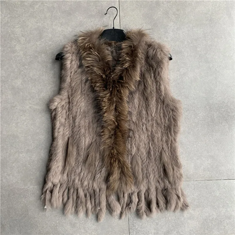 VR001 Womens Natural Real Rabbit Fur Vest With Raccoon Fur Collar Waistcoat/jackets Rex Rabbit Knitted Winter