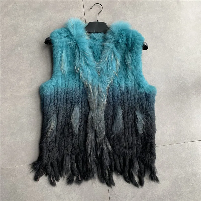 VR001 Womens Natural Real Rabbit Fur Vest With Raccoon Fur Collar Waistcoat/jackets Rex Rabbit Knitted Winter