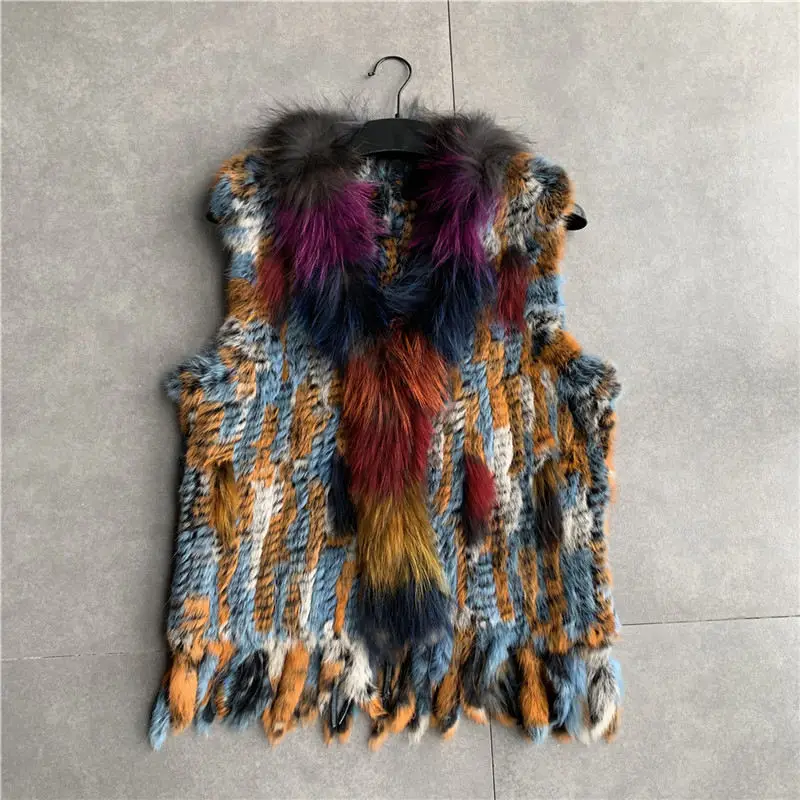 VR001 Womens Natural Real Rabbit Fur Vest With Raccoon Fur Collar Waistcoat/jackets Rex Rabbit Knitted Winter