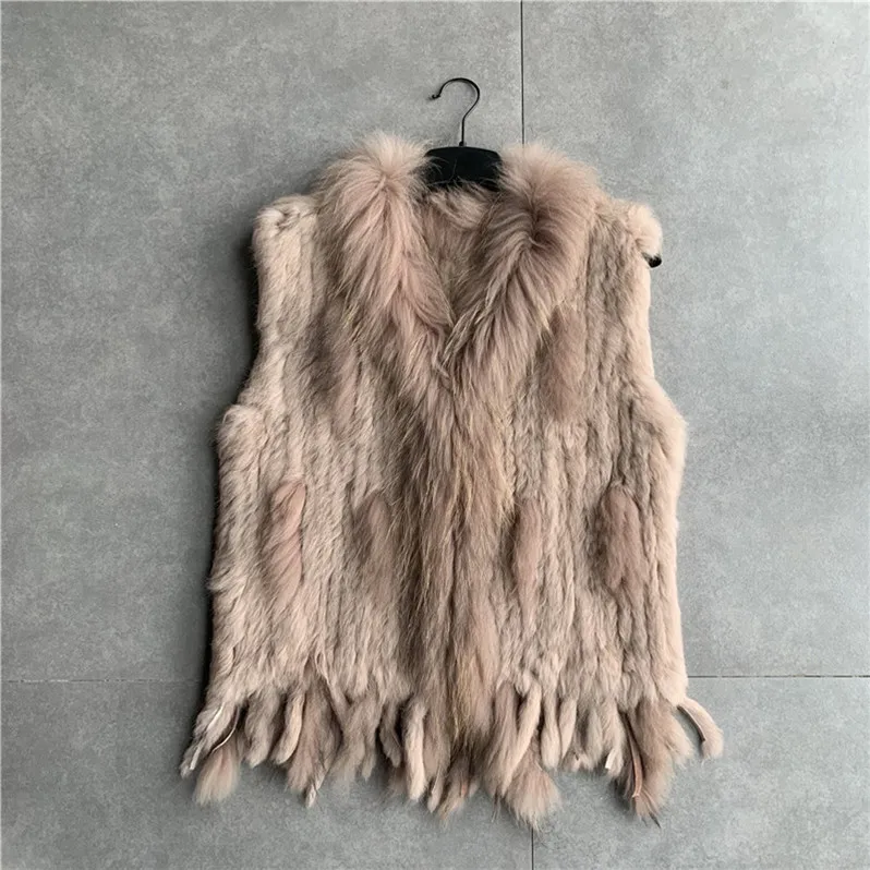 VR001 Womens Natural Real Rabbit Fur Vest With Raccoon Fur Collar Waistcoat/jackets Rex Rabbit Knitted Winter
