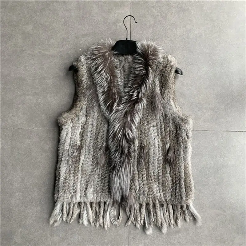 VR001 Womens Natural Real Rabbit Fur Vest With Raccoon Fur Collar Waistcoat/jackets Rex Rabbit Knitted Winter