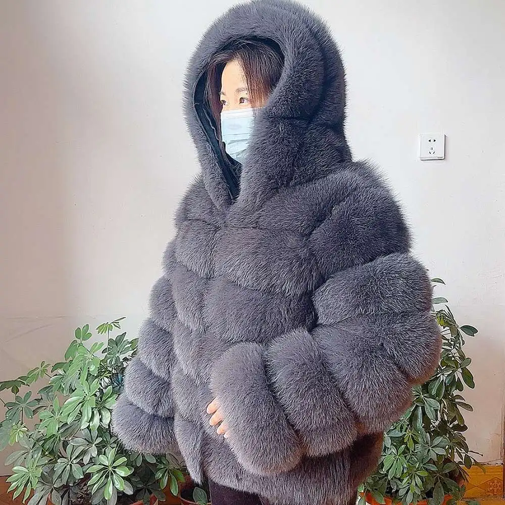 Fur Coat Women's Winter Coats Overcoat Female Fur Jackets For Women Long Sleeves Hood womans Real fur coats Real Fur Clothing