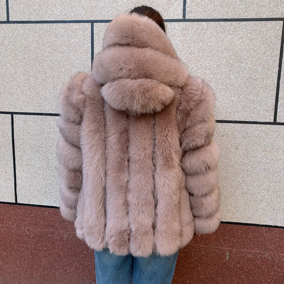 HUAQIUMEISI Women's Vertical Hooded Real Fox Fur Coat for Winter Fashion Natural Fur Jacket Vertical Hooded Raccoon Fur Coat