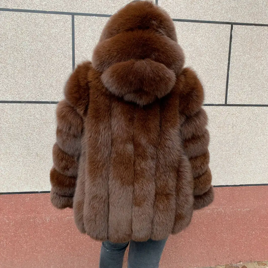 HUAQIUMEISI Women's Vertical Hooded Real Fox Fur Coat for Winter Fashion Natural Fur Jacket Vertical Hooded Raccoon Fur Coat