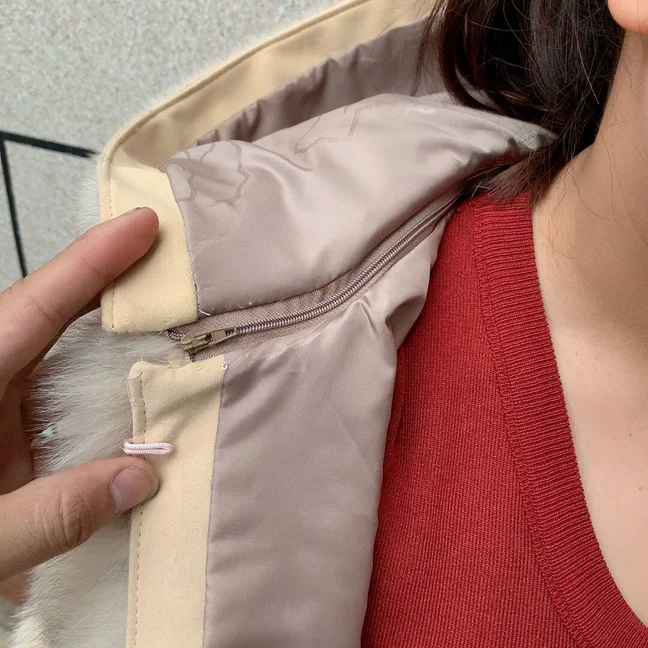 HUAQIUMEISI Women's Vertical Hooded Real Fox Fur Coat for Winter Fashion Natural Fur Jacket Vertical Hooded Raccoon Fur Coat