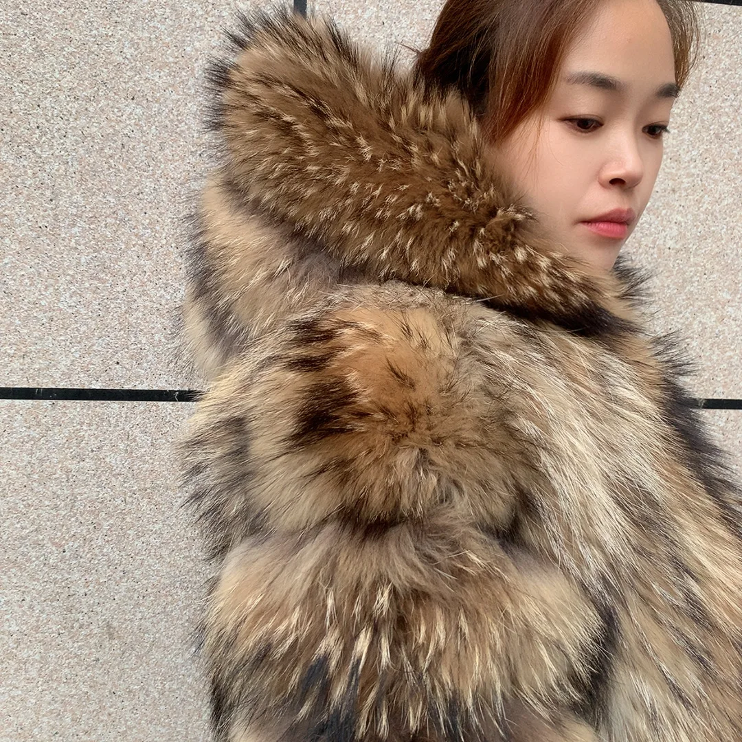 HUAQIUMEISI Women's Vertical Hooded Real Fox Fur Coat for Winter Fashion Natural Fur Jacket Vertical Hooded Raccoon Fur Coat