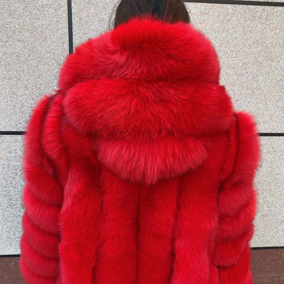 HUAQIUMEISI Women's Vertical Hooded Real Fox Fur Coat for Winter Fashion Natural Fur Jacket Vertical Hooded Raccoon Fur Coat