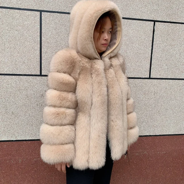 HUAQIUMEISI Women's Vertical Hooded Real Fox Fur Coat for Winter Fashion Natural Fur Jacket Vertical Hooded Raccoon Fur Coat