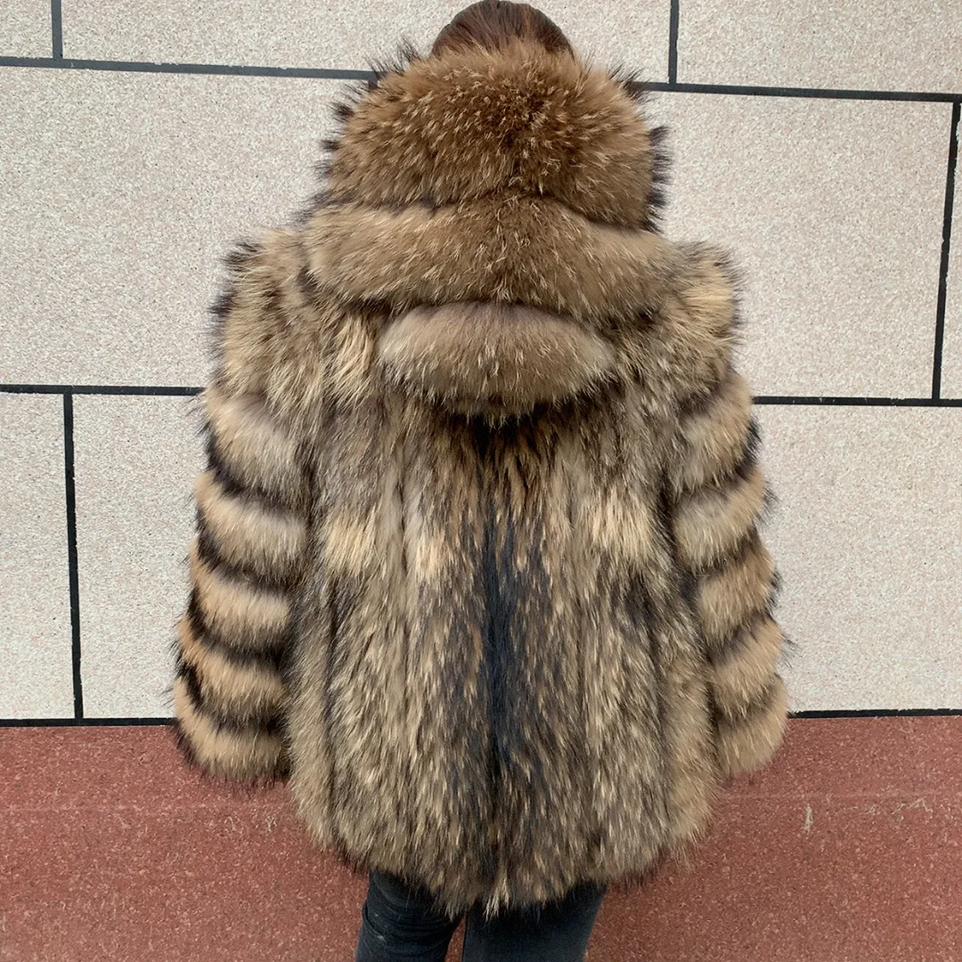 HUAQIUMEISI Women's Vertical Hooded Real Fox Fur Coat for Winter Fashion Natural Fur Jacket Vertical Hooded Raccoon Fur Coat