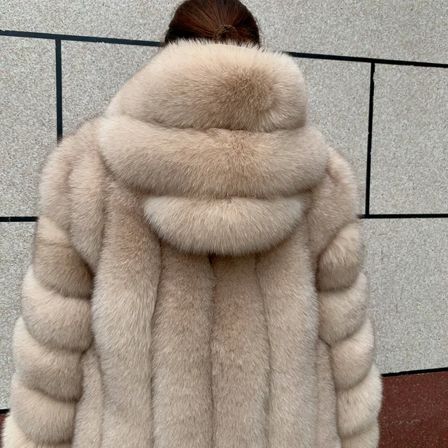 HUAQIUMEISI Women's Vertical Hooded Real Fox Fur Coat for Winter Fashion Natural Fur Jacket Vertical Hooded Raccoon Fur Coat