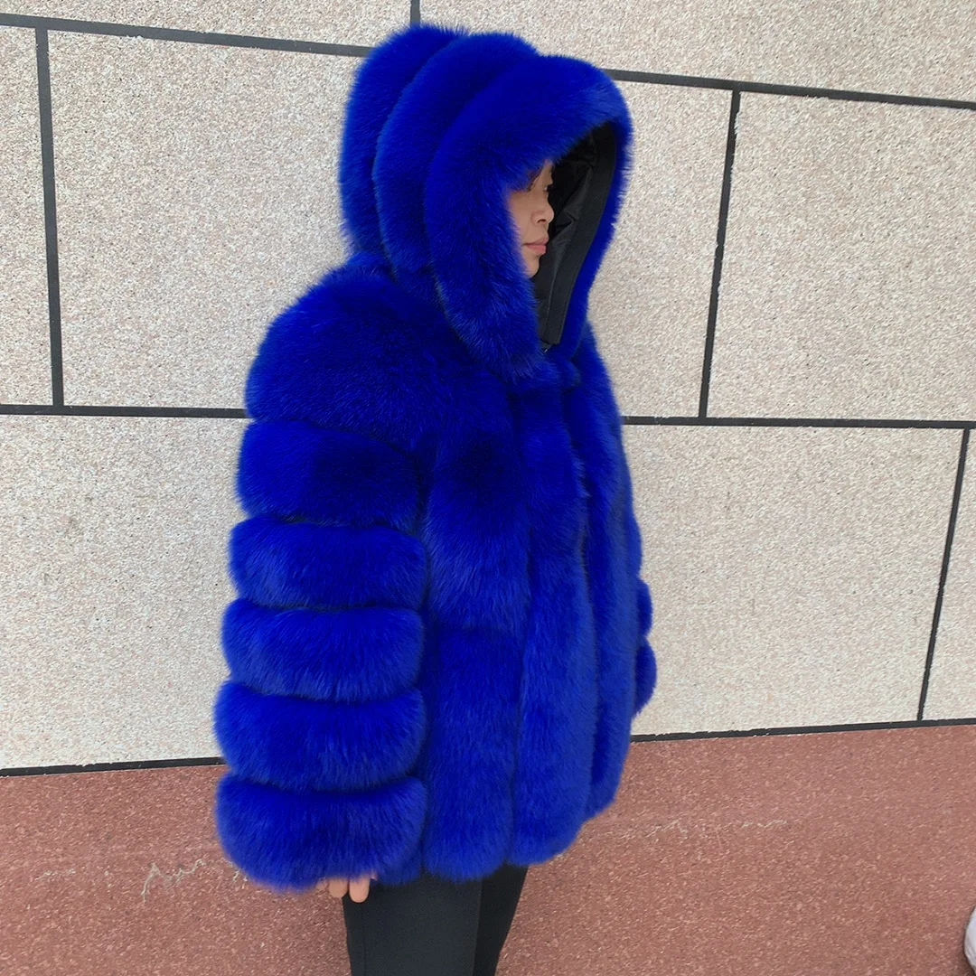 HUAQIUMEISI Women's Vertical Hooded Real Fox Fur Coat for Winter Fashion Natural Fur Jacket Vertical Hooded Raccoon Fur Coat