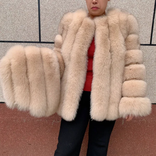 HUAQIUMEISI Women's Vertical Hooded Real Fox Fur Coat for Winter Fashion Natural Fur Jacket Vertical Hooded Raccoon Fur Coat
