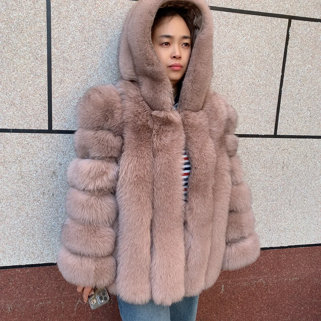 HUAQIUMEISI Women's Vertical Hooded Real Fox Fur Coat for Winter Fashion Natural Fur Jacket Vertical Hooded Raccoon Fur Coat