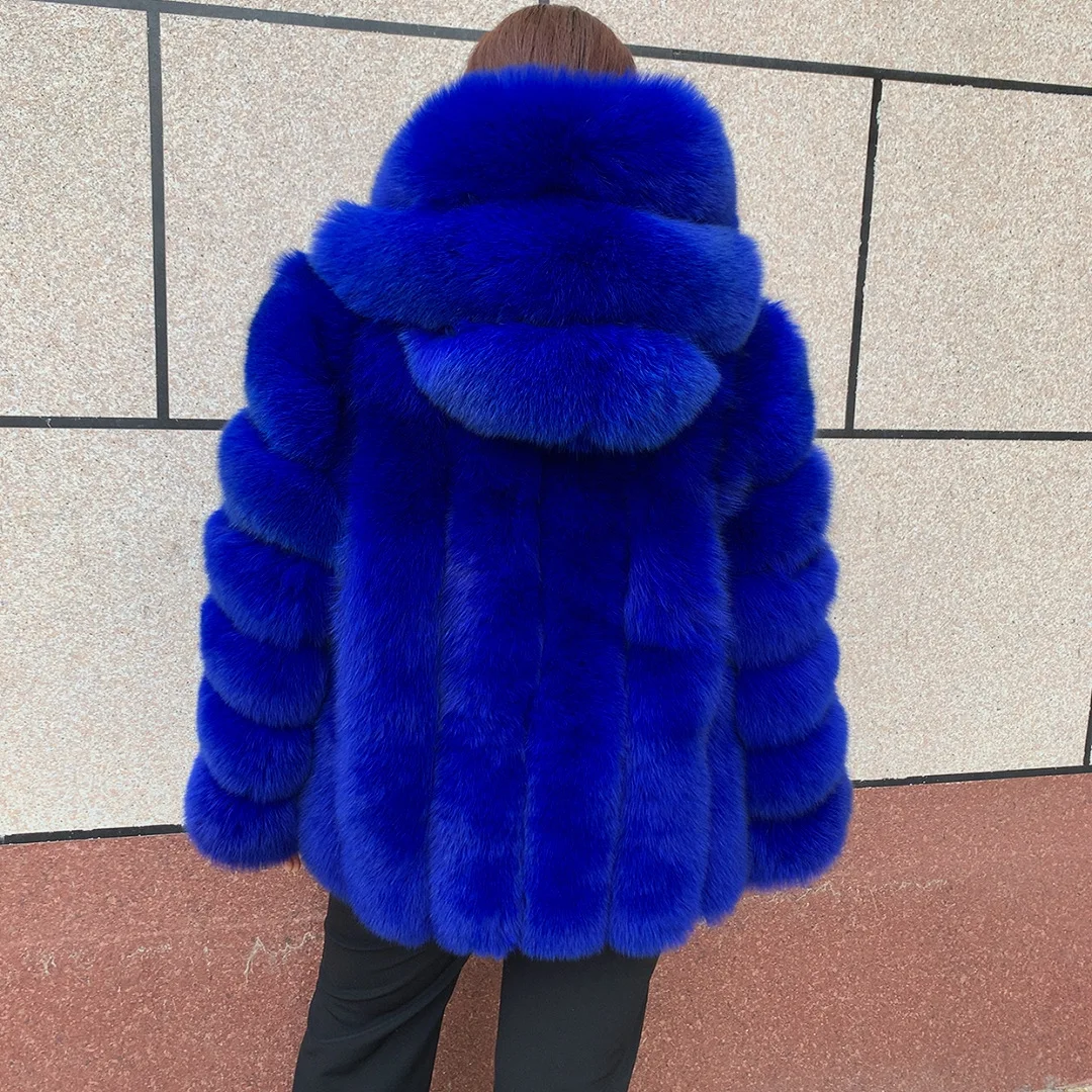 HUAQIUMEISI Women's Vertical Hooded Real Fox Fur Coat for Winter Fashion Natural Fur Jacket Vertical Hooded Raccoon Fur Coat