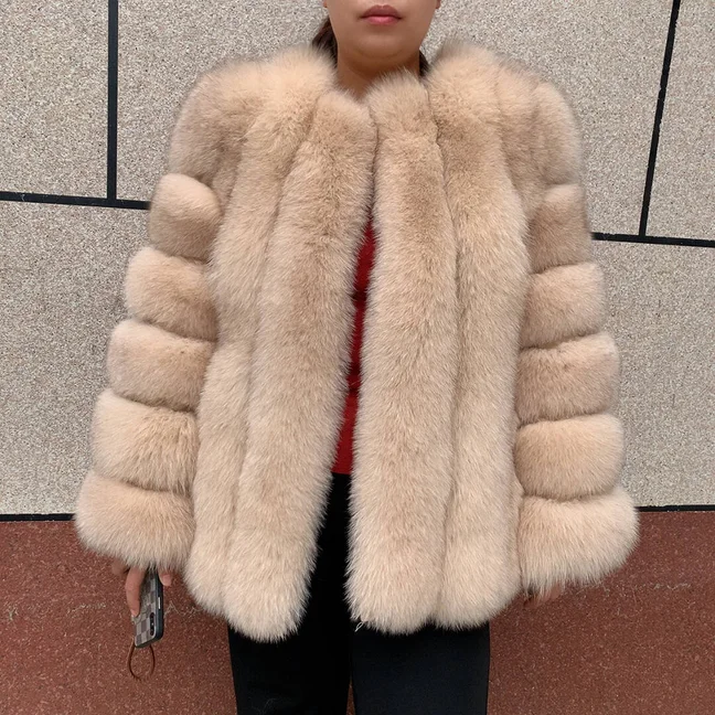 HUAQIUMEISI Women's Vertical Hooded Real Fox Fur Coat for Winter Fashion Natural Fur Jacket Vertical Hooded Raccoon Fur Coat