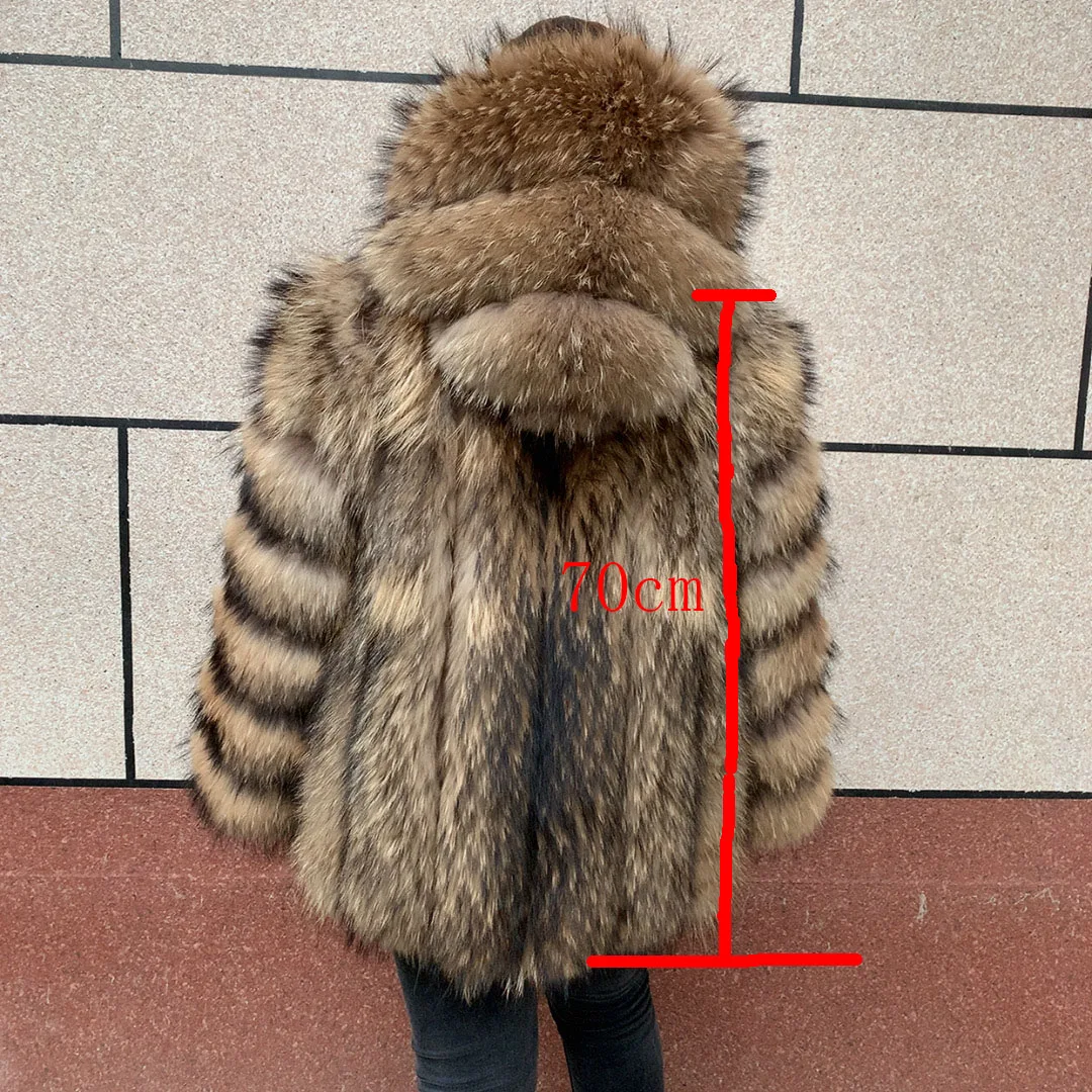 HUAQIUMEISI Women's Vertical Hooded Real Fox Fur Coat for Winter Fashion Natural Fur Jacket Vertical Hooded Raccoon Fur Coat